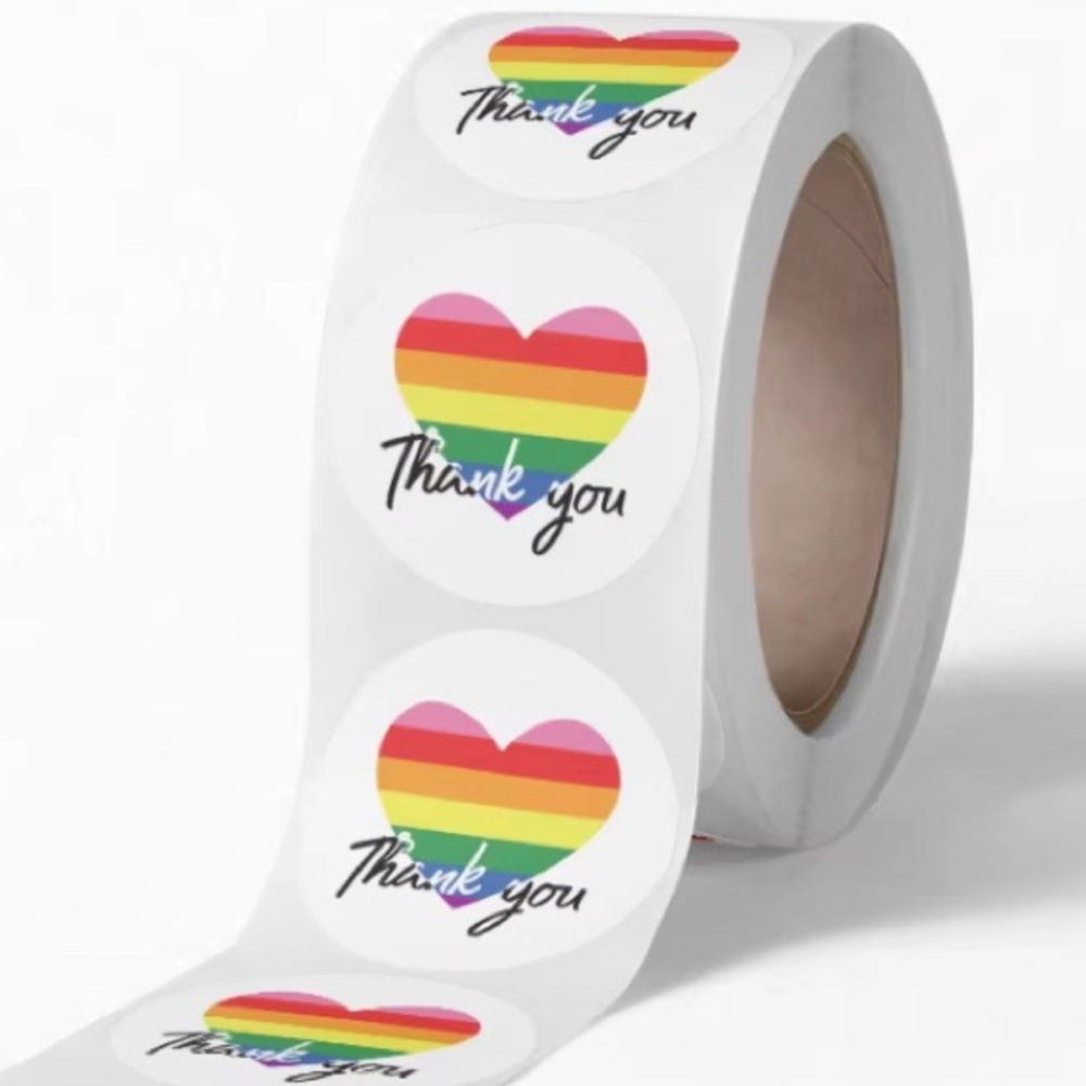 Thank You Sticker Labels 500 labels on roll 1 inch round, NWT colorful heart
